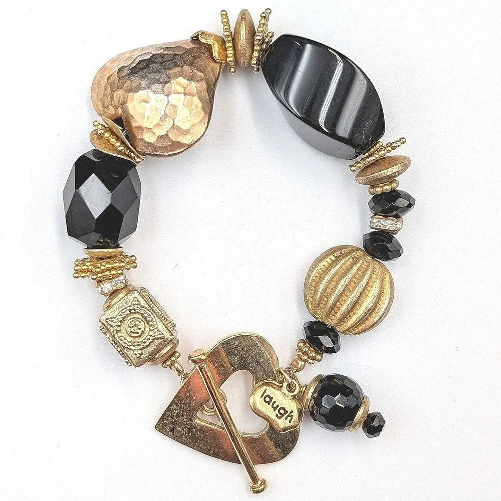 Vintage Gold‎ Heart Dangle Brooch Black Beads Elegant Statement Pin 7in